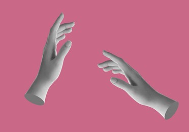 Image of Female hands on dark pink background, stylish art collage