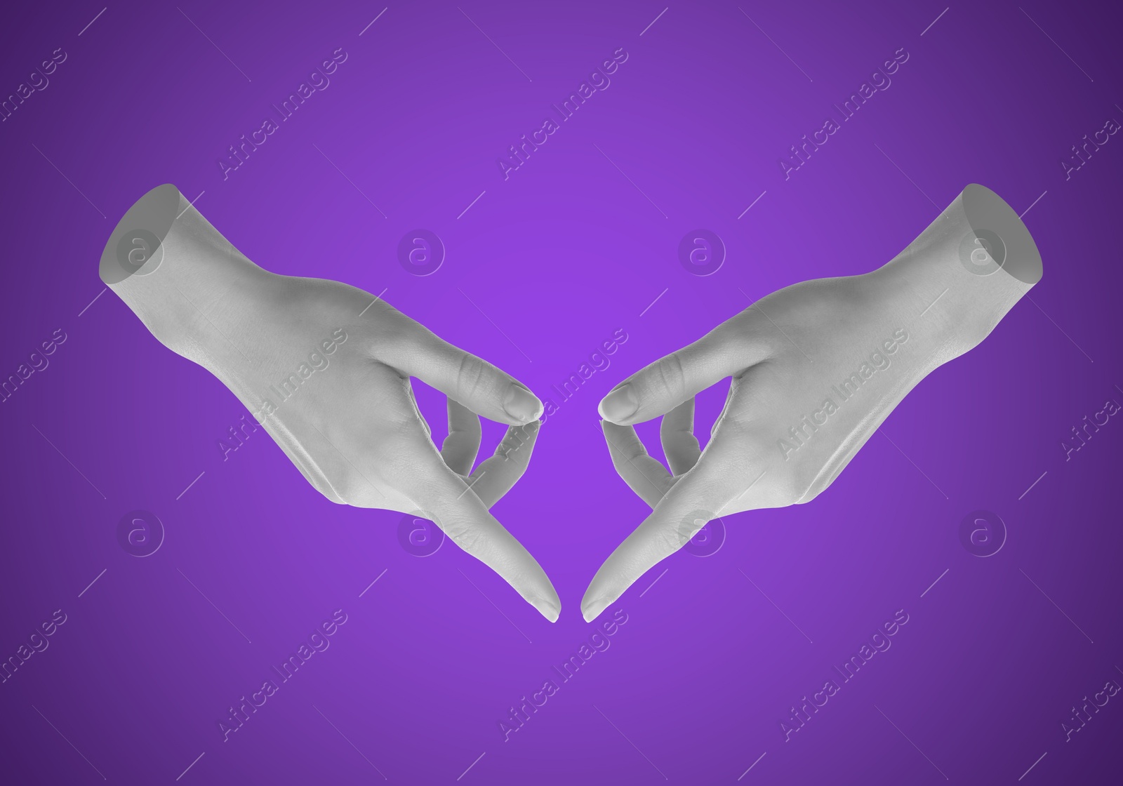 Image of Female hands on dark violet background, stylish art collage