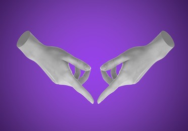 Image of Female hands on dark violet background, stylish art collage