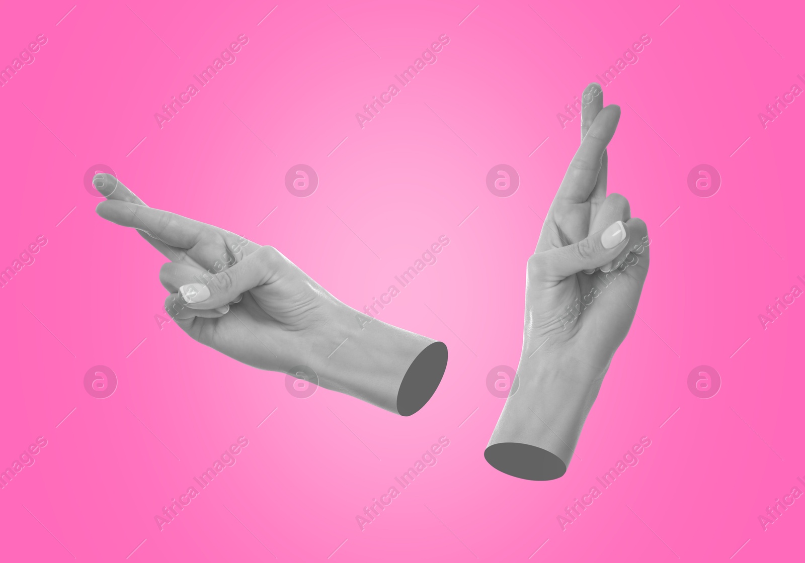 Image of Female hands with crossed fingers on pink background, stylish art collage