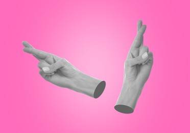 Image of Female hands with crossed fingers on pink background, stylish art collage