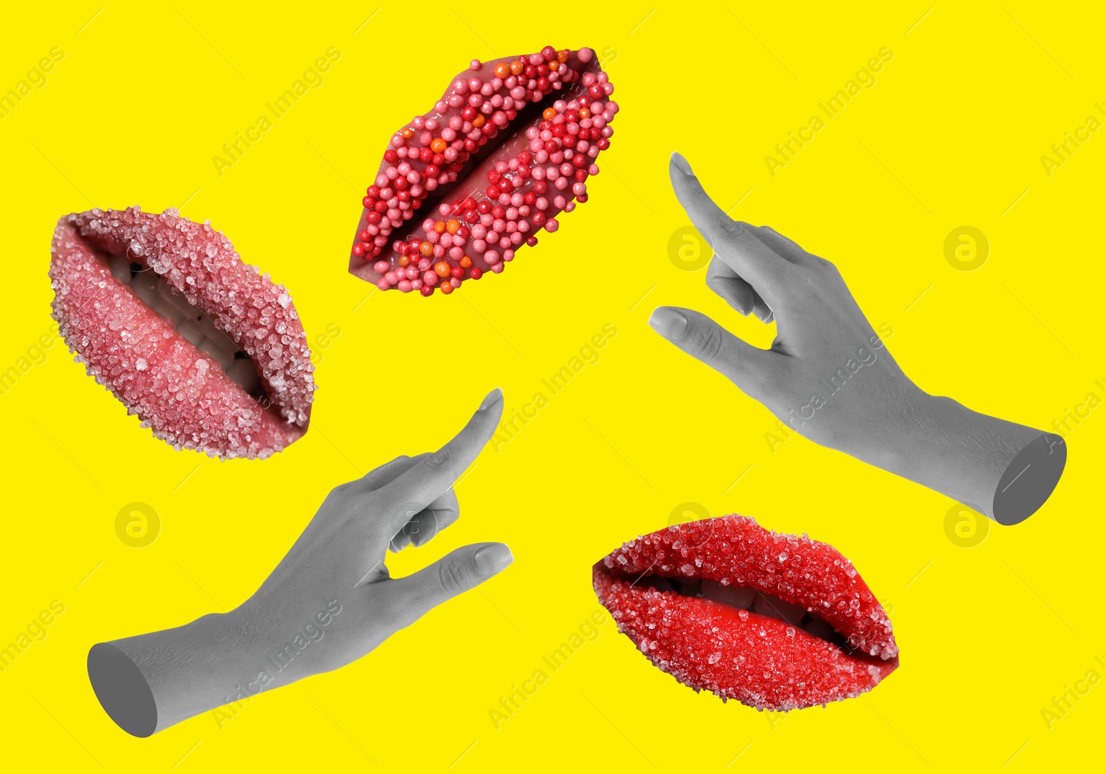 Image of Female lips and hands on yellow background, stylish art collage