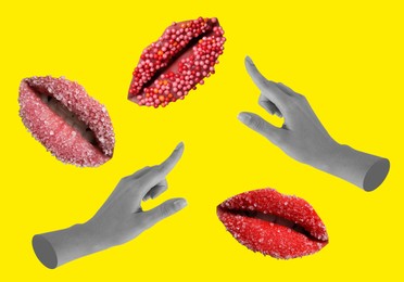 Female lips and hands on yellow background, stylish art collage