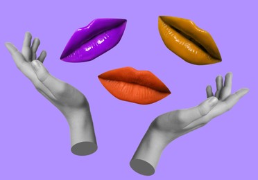 Image of Female lips and hands on violet blue background, stylish art collage