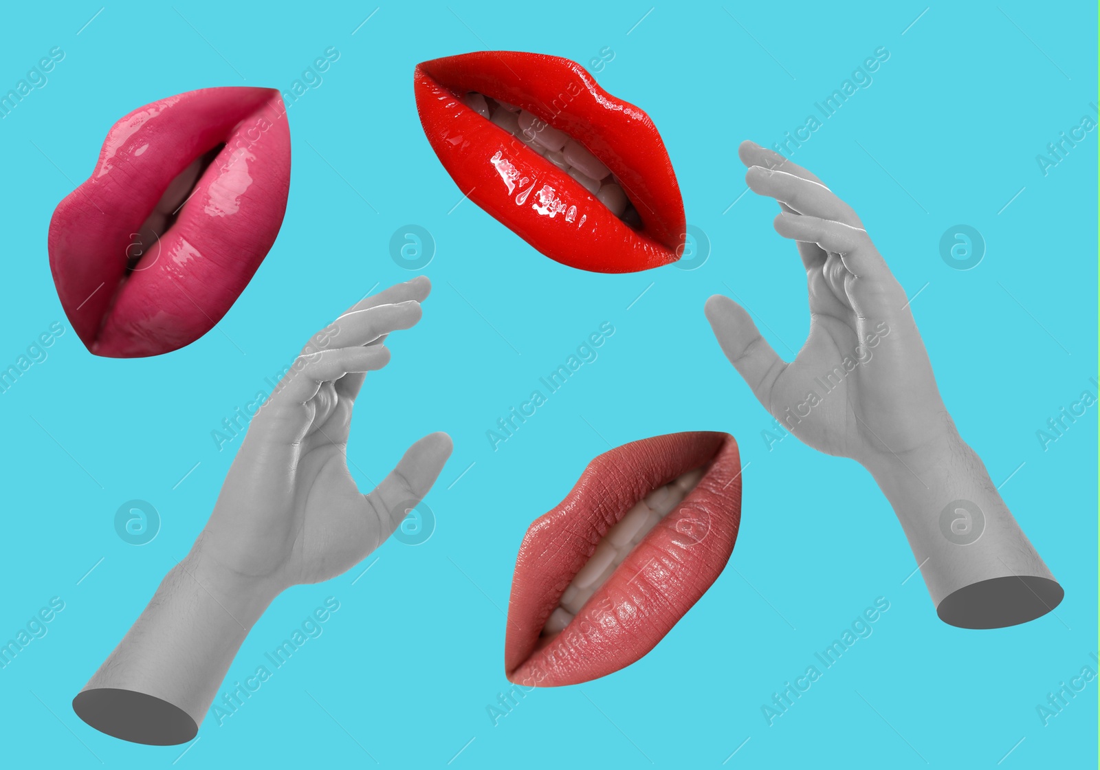 Image of Female lips and hands on light blue background, stylish art collage