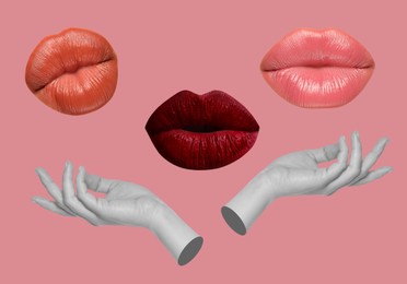 Female lips and hands on pink background, stylish art collage