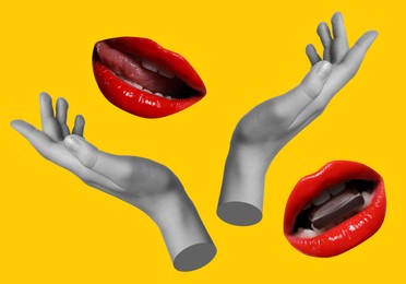 Image of Female lips and hands on golden background, stylish art collage