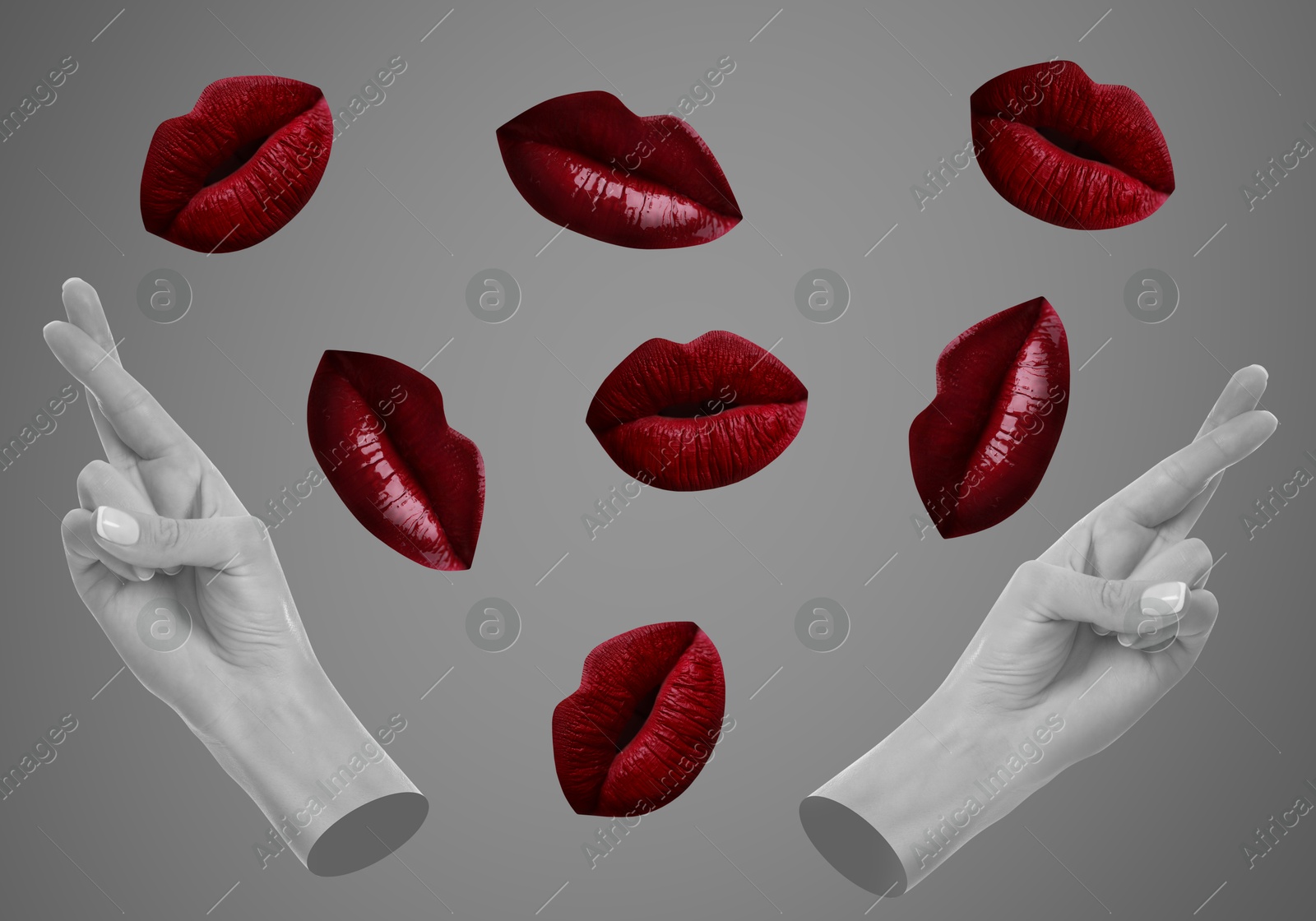 Image of Female hands with crossed fingers and lips on grey background, stylish art collage