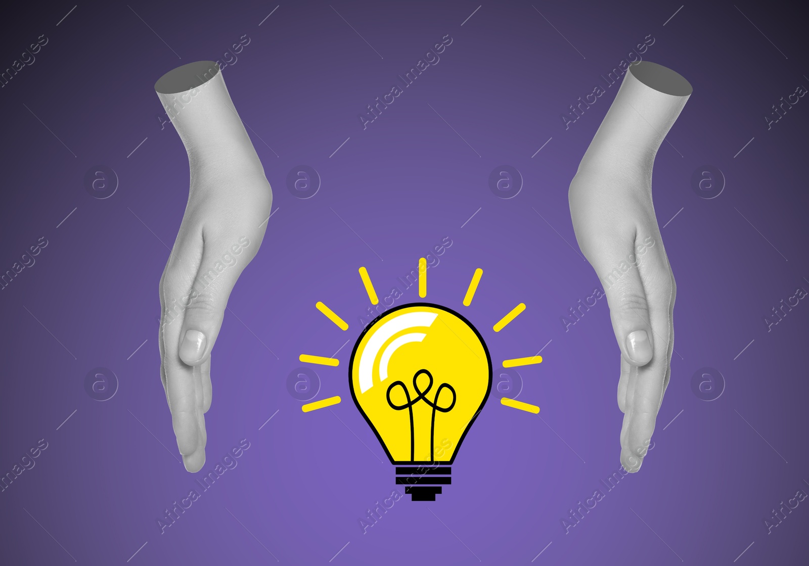 Image of Female hands and illustration of glowing light bulb on dark violet gradient background, creative art collage