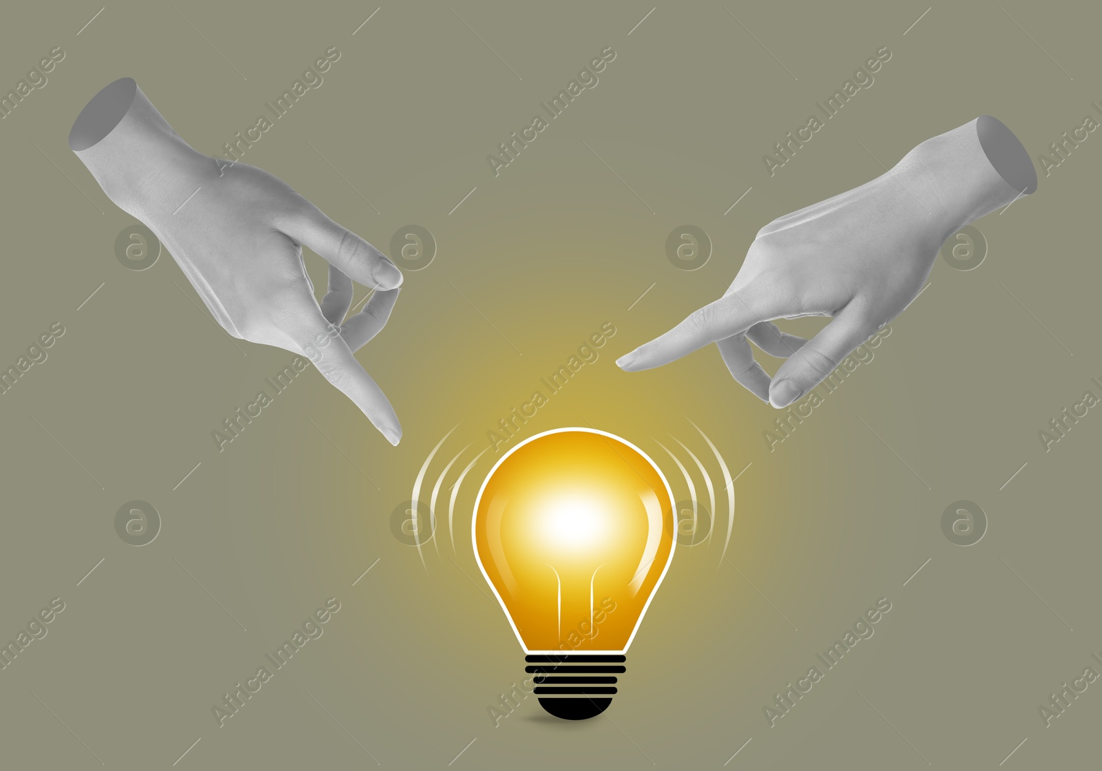 Image of Female hands and illustration of glowing light bulb on grey background, creative art collage