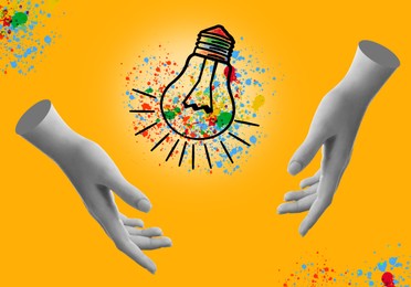 Image of Female hands and illustration of glowing light bulb on orange background, creative art collage