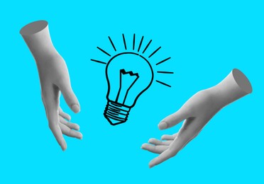 Image of Female hands and illustration of glowing light bulb on light blue background, creative art collage