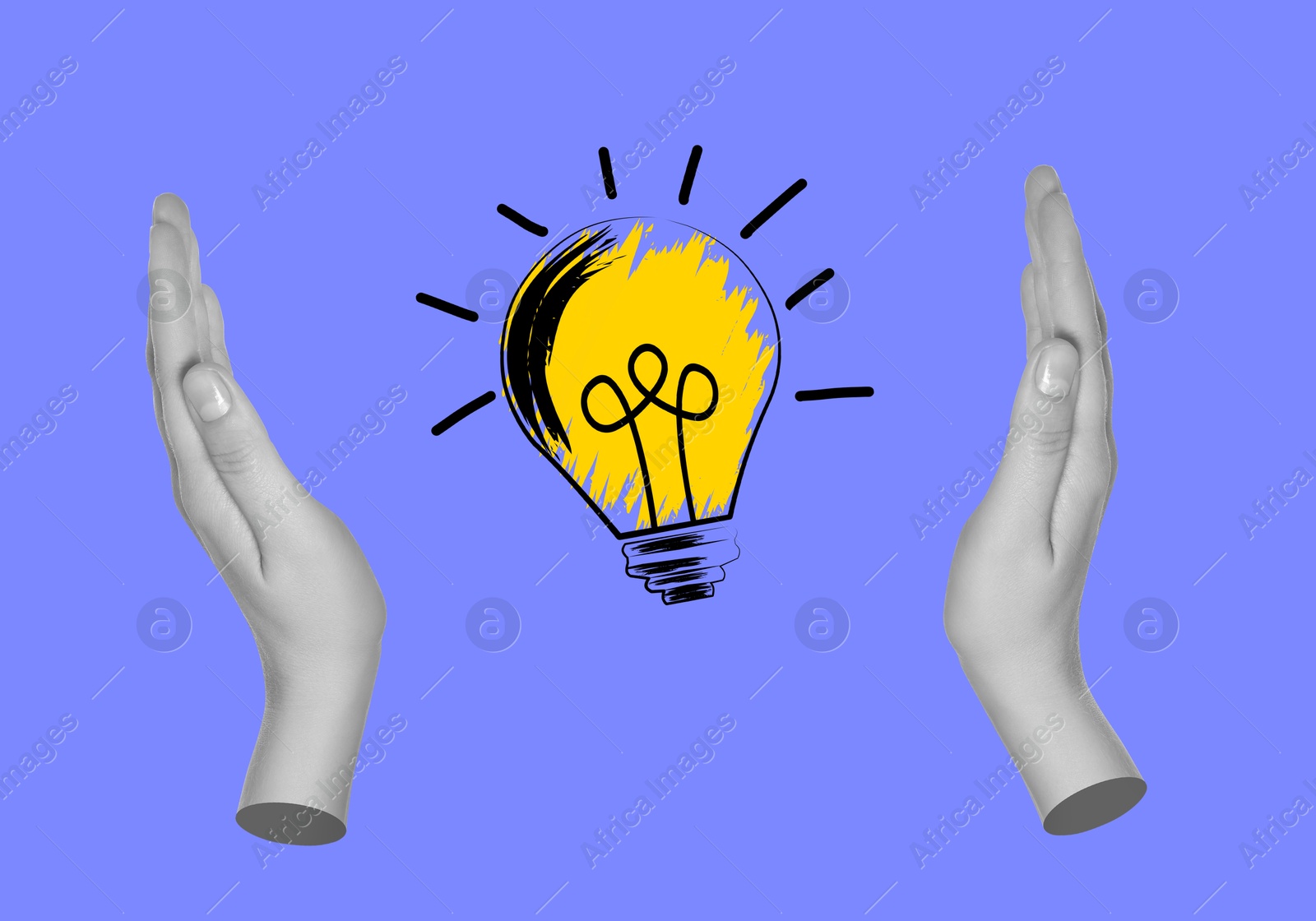 Image of Female hands and illustration of glowing light bulb on violet blue background, creative art collage