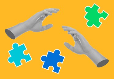 Male hands and jigsaw puzzle pieces on orange background, creative art collage