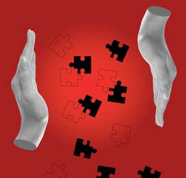 Image of Female hands and jigsaw puzzle pieces on red background, creative art collage