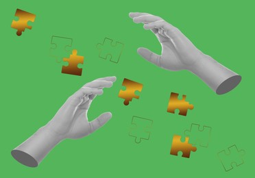 Image of Male hands and jigsaw puzzle pieces on light green background, creative art collage