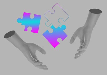 Male hands and jigsaw puzzle pieces on grey background, creative art collage