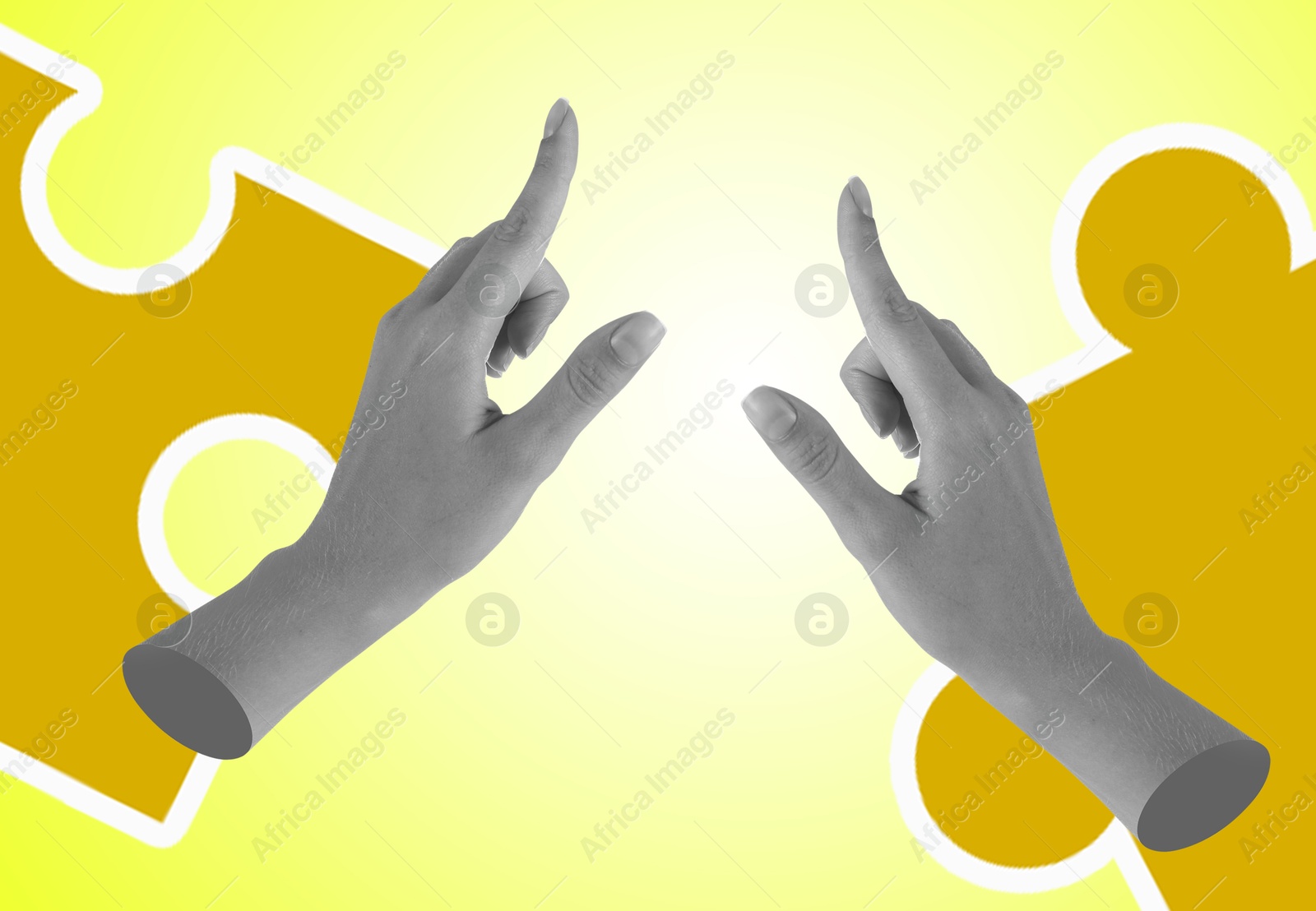 Image of Female hands and jigsaw puzzle pieces on yellow background, creative art collage