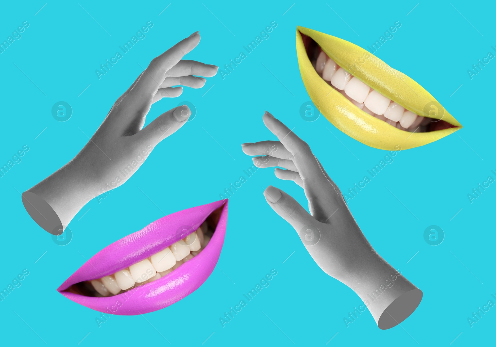 Image of Female lips and hands on light blue background, stylish art collage