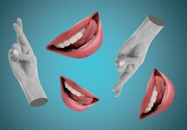 Image of Female lips and hands with crossed fingers on blue gradient background, stylish art collage