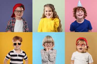 Image of Adorable children on different color backgrounds. Collage of photos