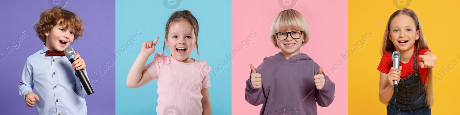 Image of Adorable children on different color backgrounds. Collage of photos