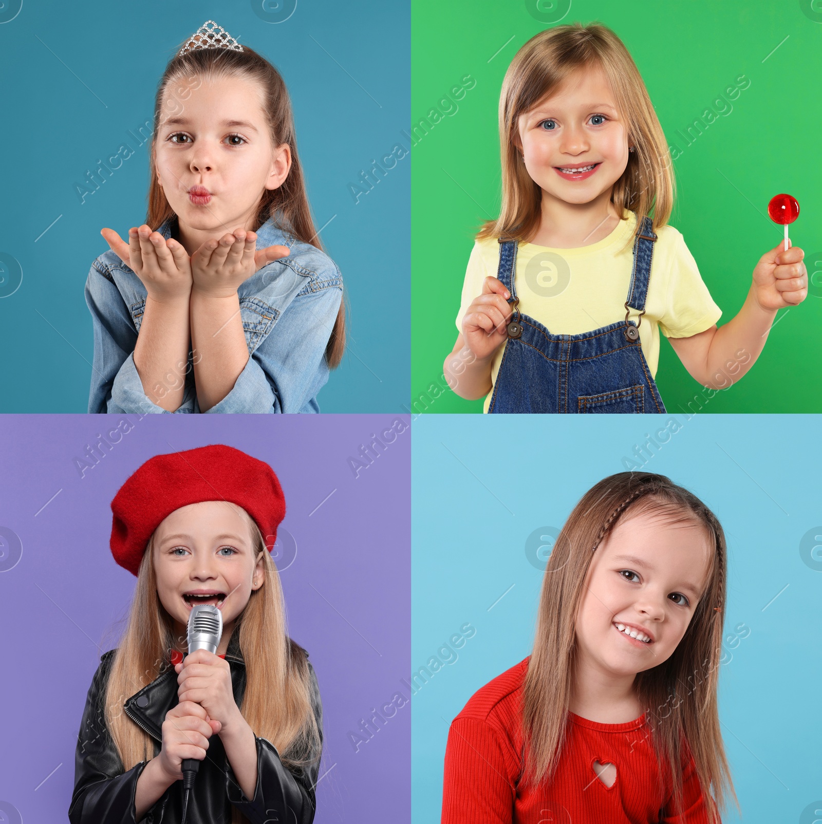 Image of Adorable children on different color backgrounds. Collage of photos