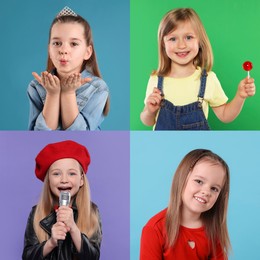 Adorable children on different color backgrounds. Collage of photos