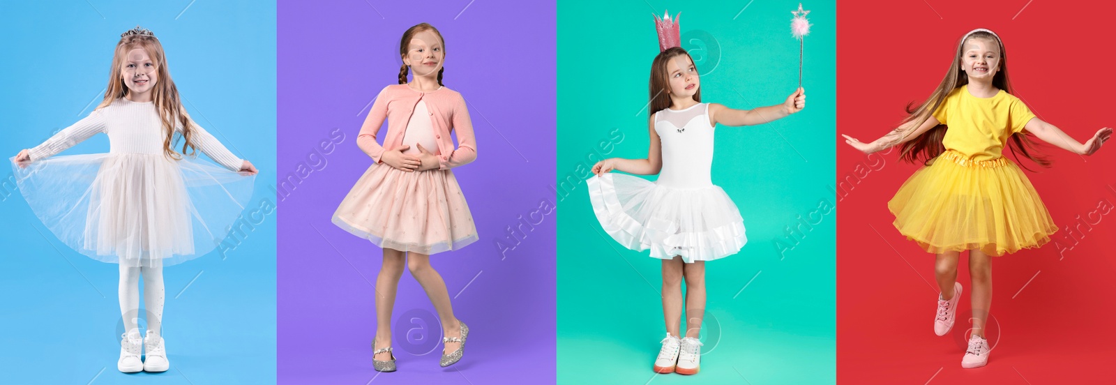 Image of Adorable children on different color backgrounds. Collage of photos