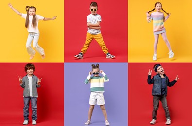 Image of Adorable children on different color backgrounds. Collage of photos
