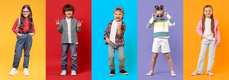 Adorable children on different color backgrounds. Collage of photos