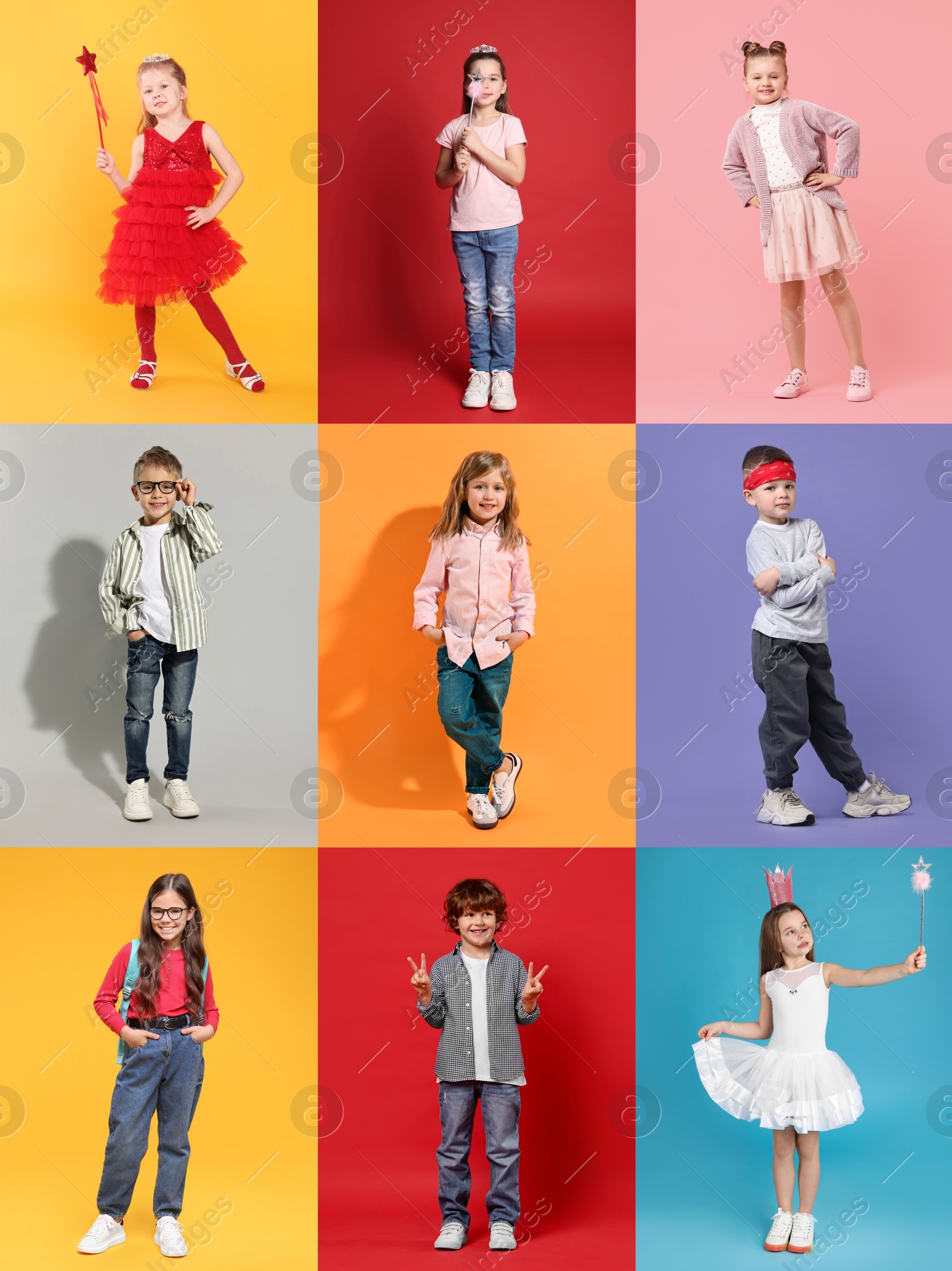 Image of Adorable children on different color backgrounds. Collage of photos