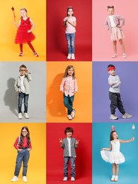 Adorable children on different color backgrounds. Collage of photos