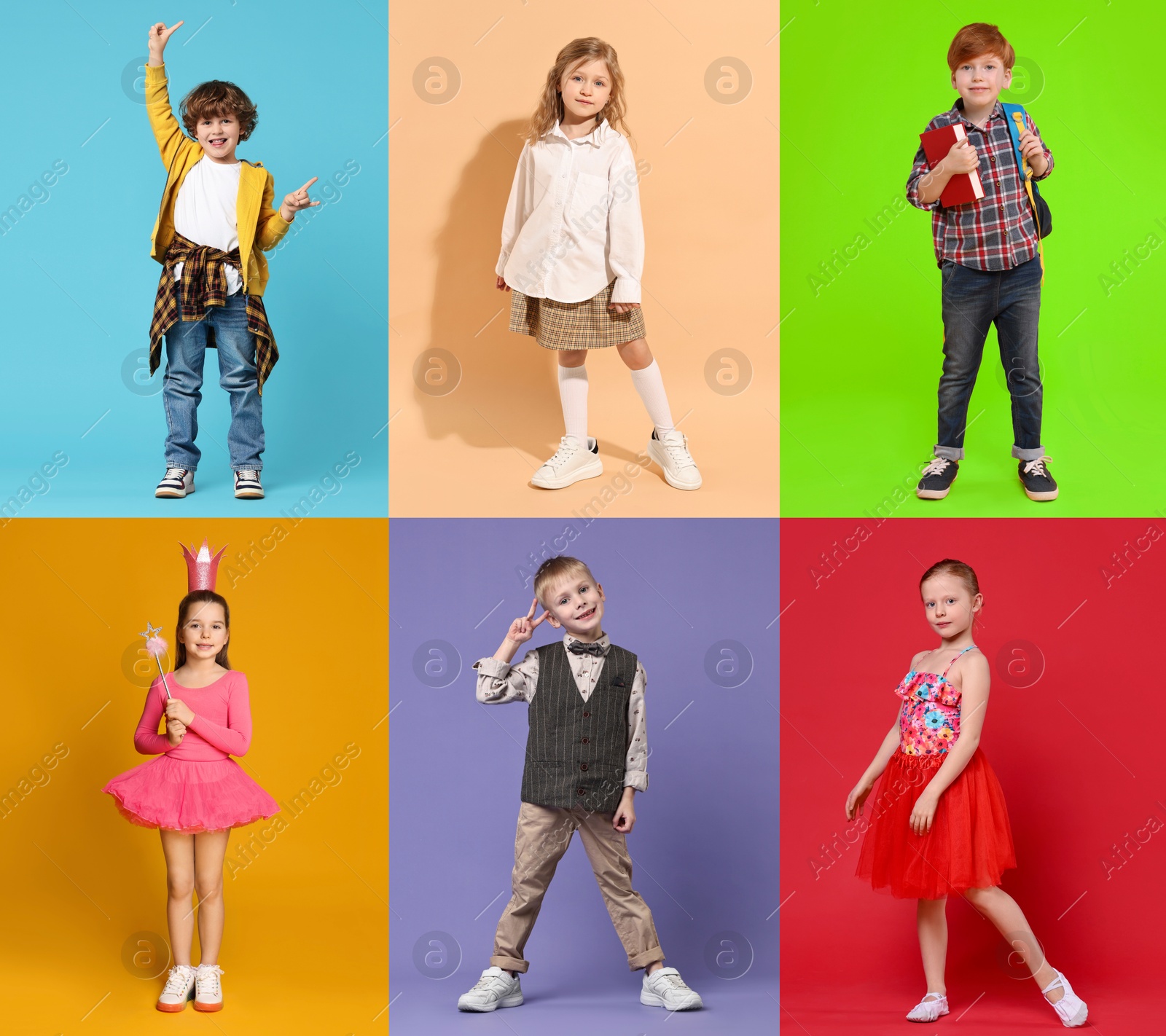 Image of Adorable children on different color backgrounds. Collage of photos