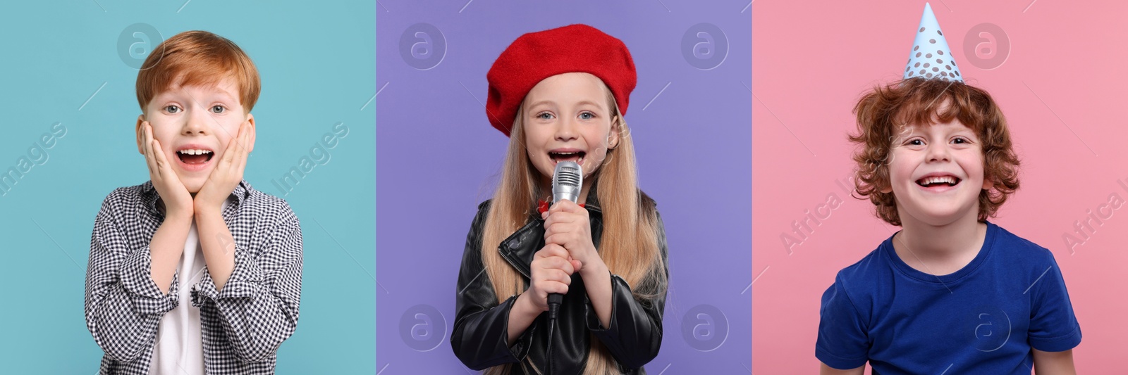 Image of Adorable children on different color backgrounds. Collage of photos