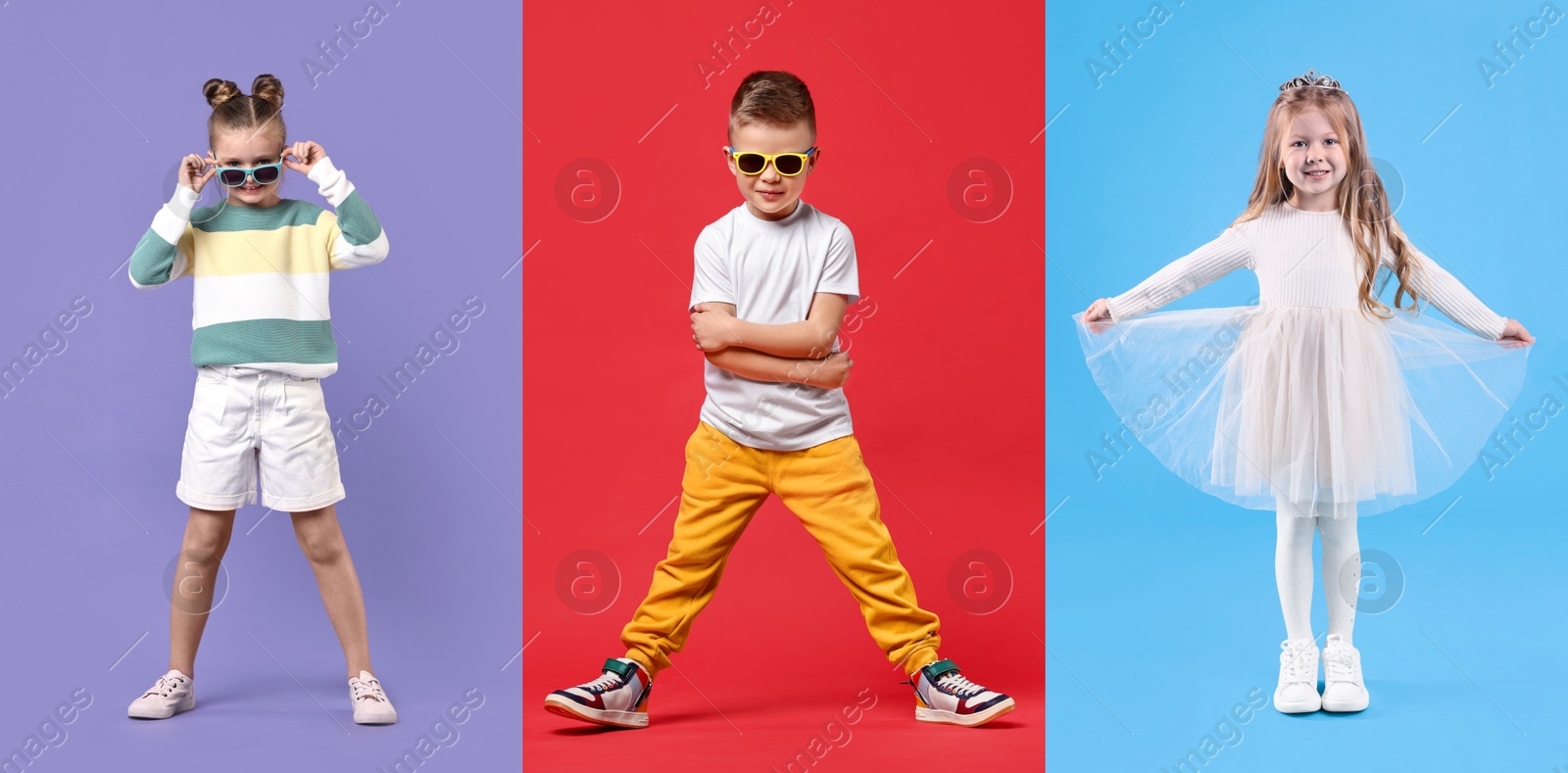 Image of Adorable children on different color backgrounds. Collage of photos