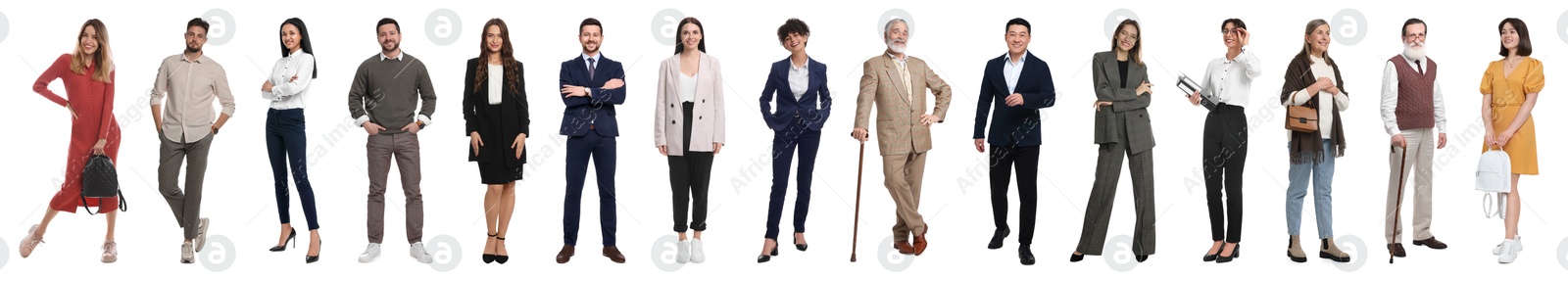 Image of Group of different men and women on white background