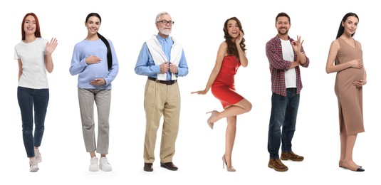 Group of different men and women on white background