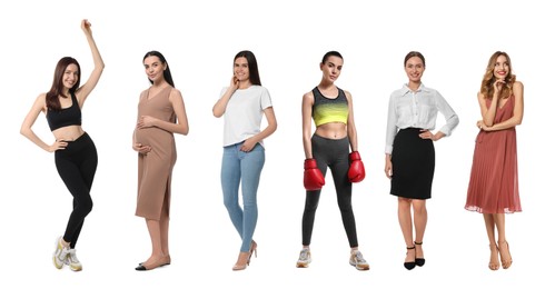 Group of different women on white background