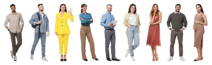 Group of different men and women on white background