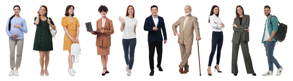 Group of different men and women on white background