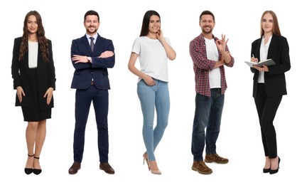 Group of different men and women on white background