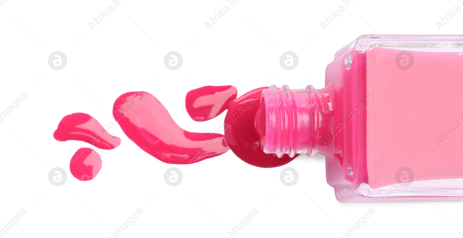 Photo of Bottle and spilled pink nail polish isolated on white, top view