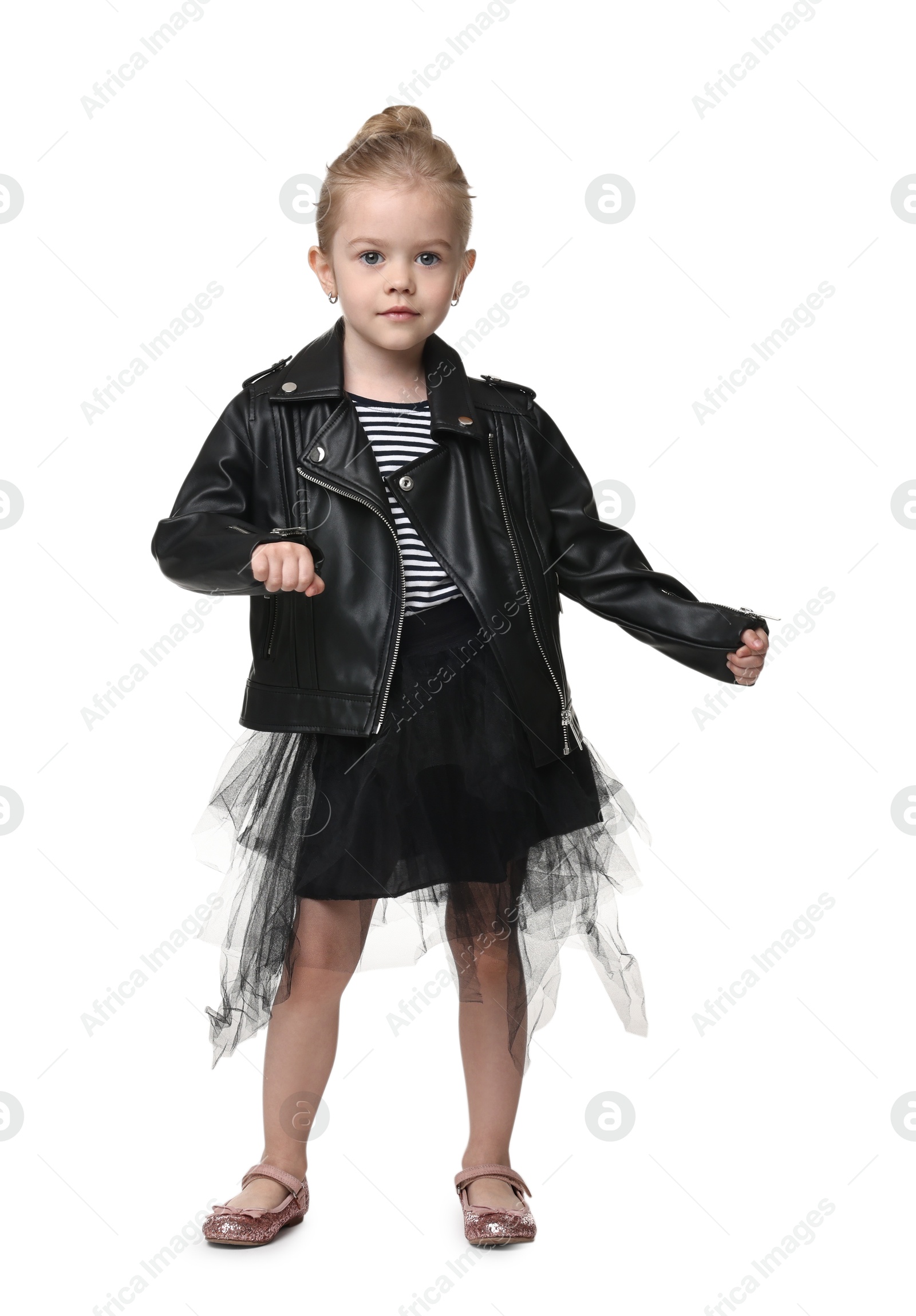 Photo of Cute little girl dancing on white background