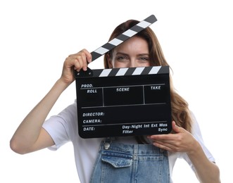 Making movie. Woman with clapperboard on white background