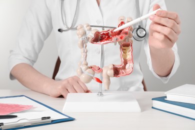Doctor showing model of large intestine at table, closeup