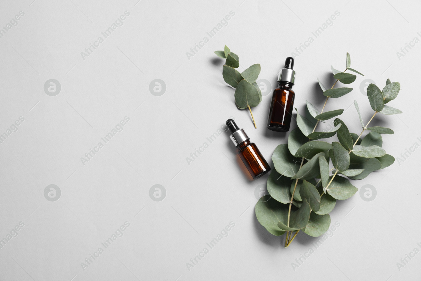Photo of Aromatherapy. Bottles of essential oil and eucalyptus branches on grey background, flat lay. Space for text