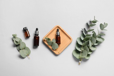 Aromatherapy. Bottles of essential oil and eucalyptus branches on light grey background, flat lay