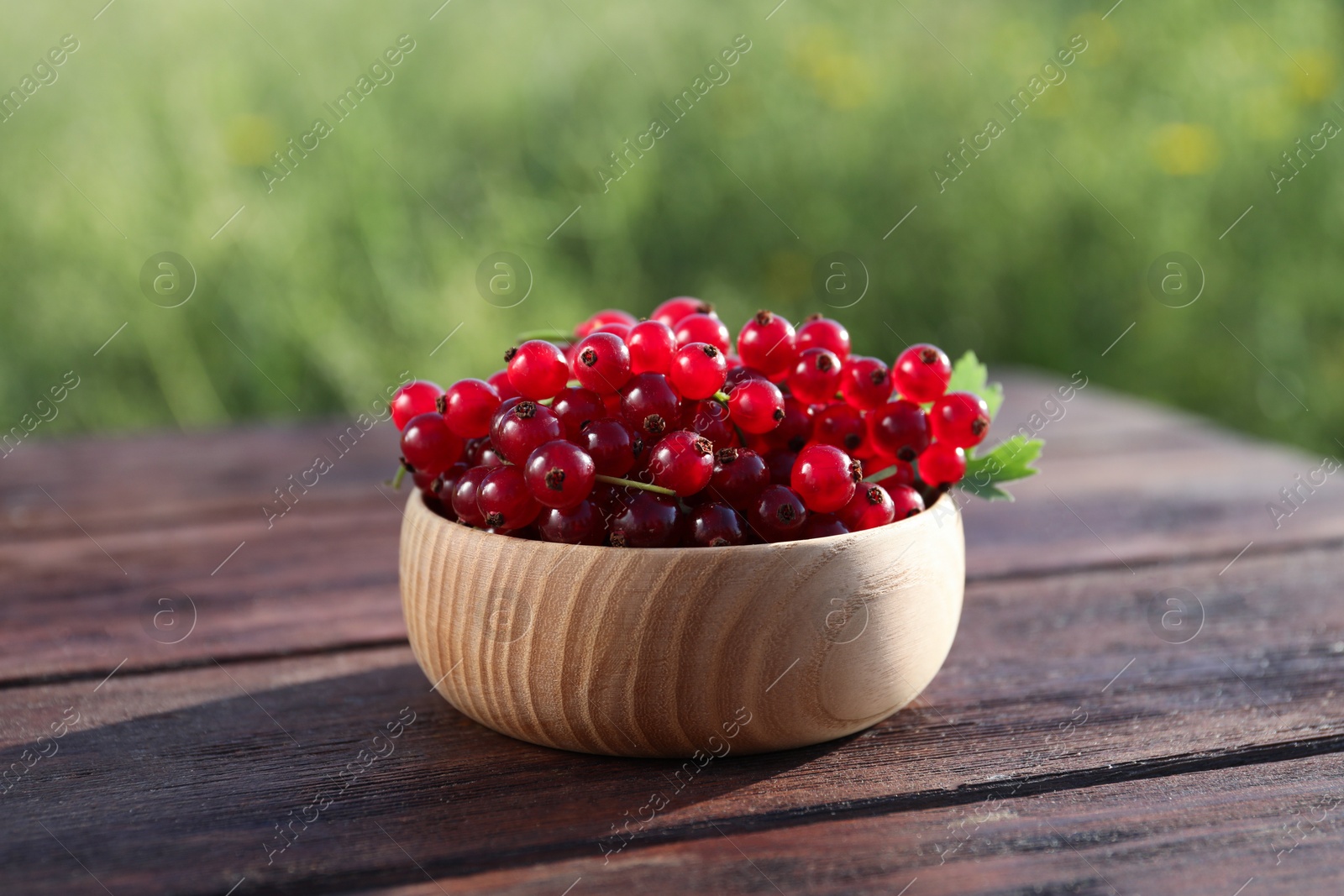 Photo of Fresh ripe red currant in bowl on wooden table outdoors