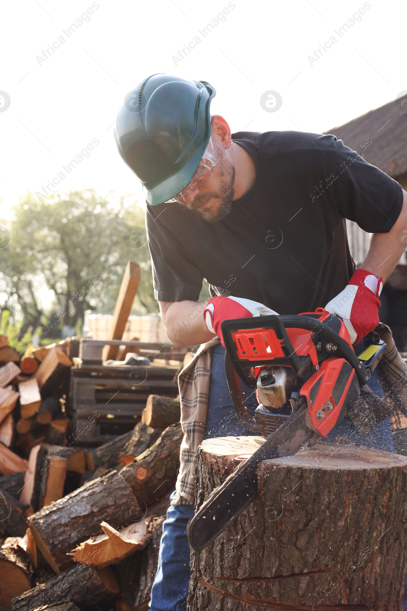 Photo of Man sawing wooden log on sunny day